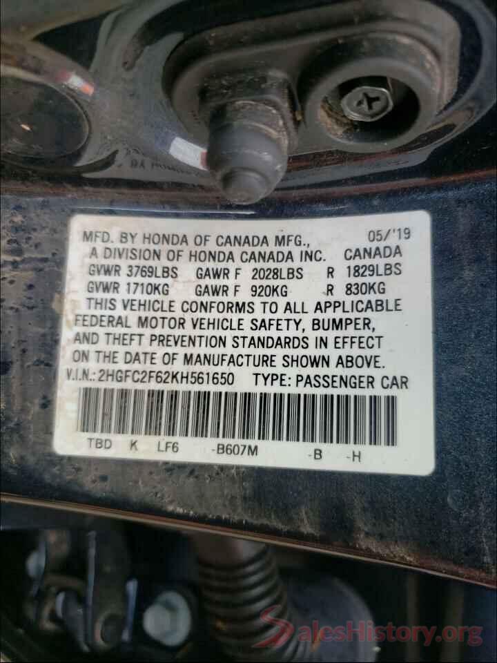 2HGFC2F62KH561650 2019 HONDA CIVIC