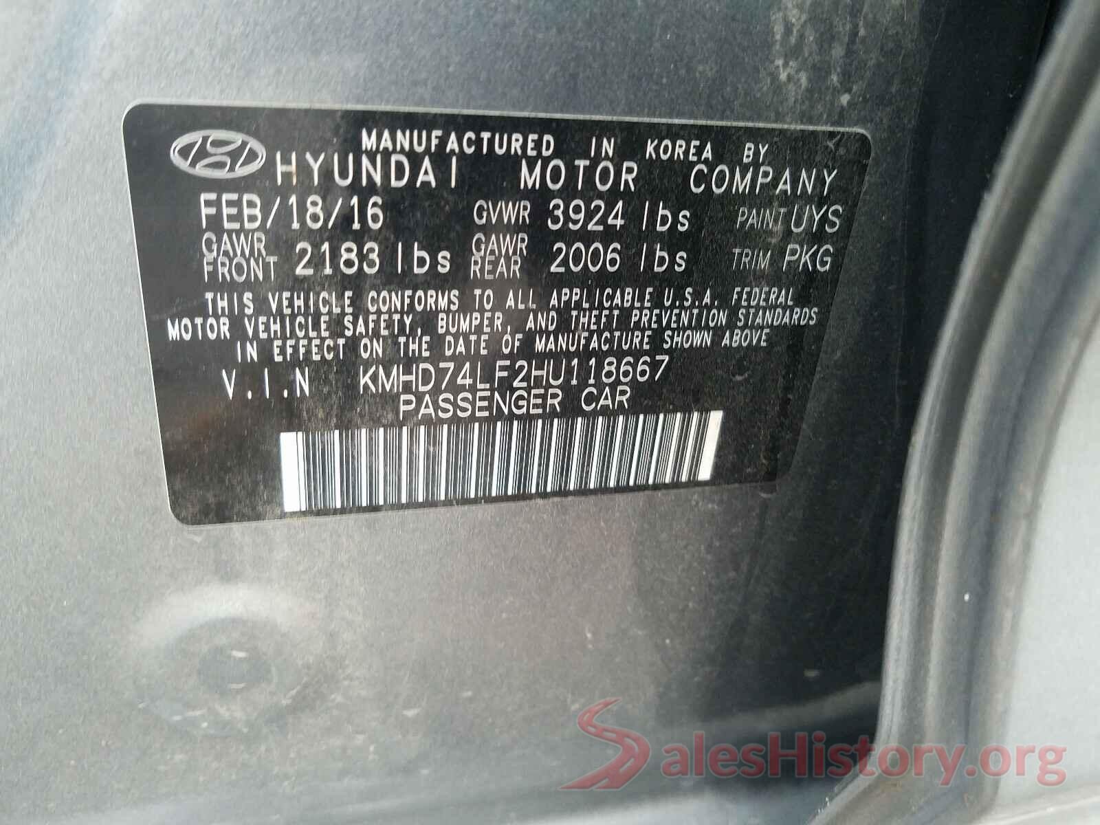 KMHD74LF2HU118667 2017 HYUNDAI ELANTRA