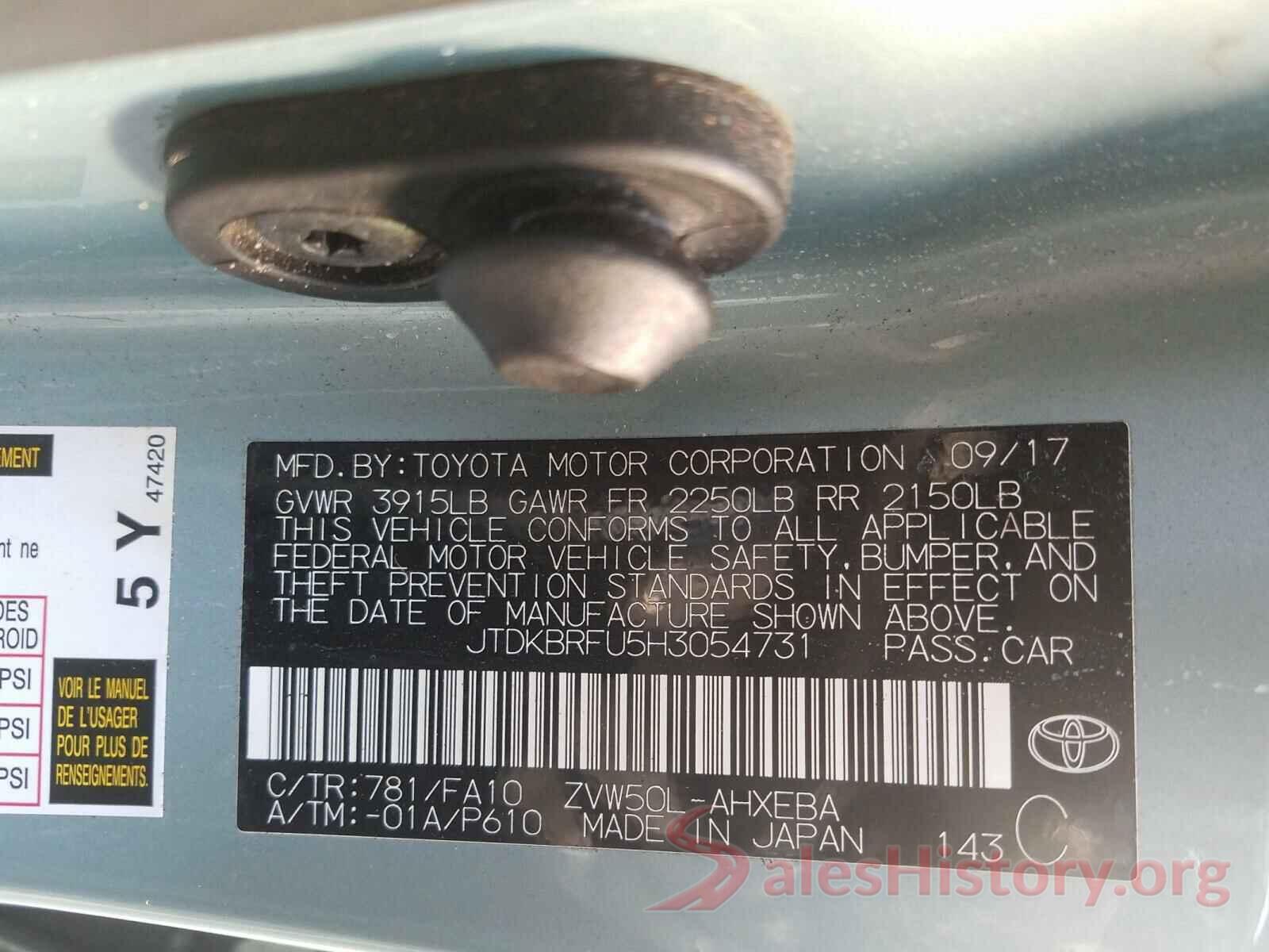 JTDKBRFU5H3054731 2017 TOYOTA PRIUS