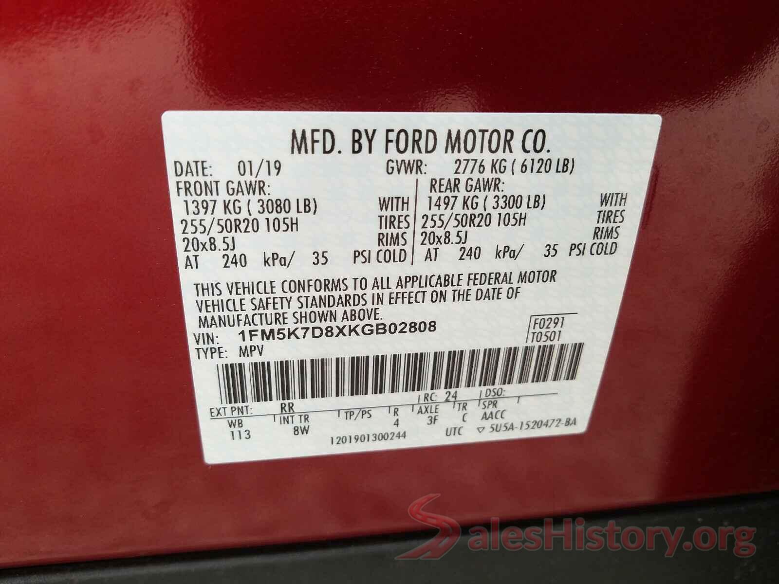 1FM5K7D8XKGB02808 2019 FORD EXPLORER