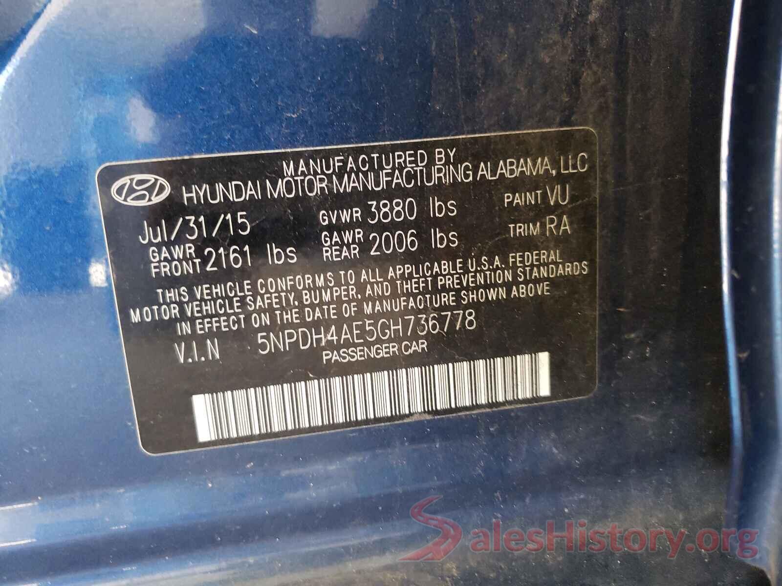 5NPDH4AE5GH736778 2016 HYUNDAI ELANTRA