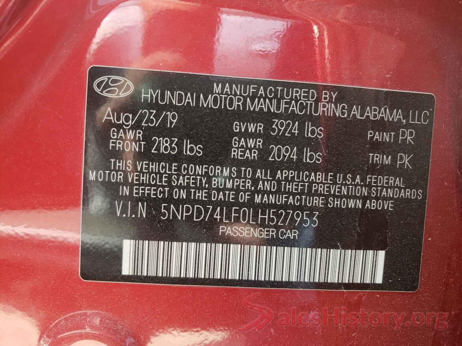 5NPD74LF0LH527953 2020 HYUNDAI ELANTRA