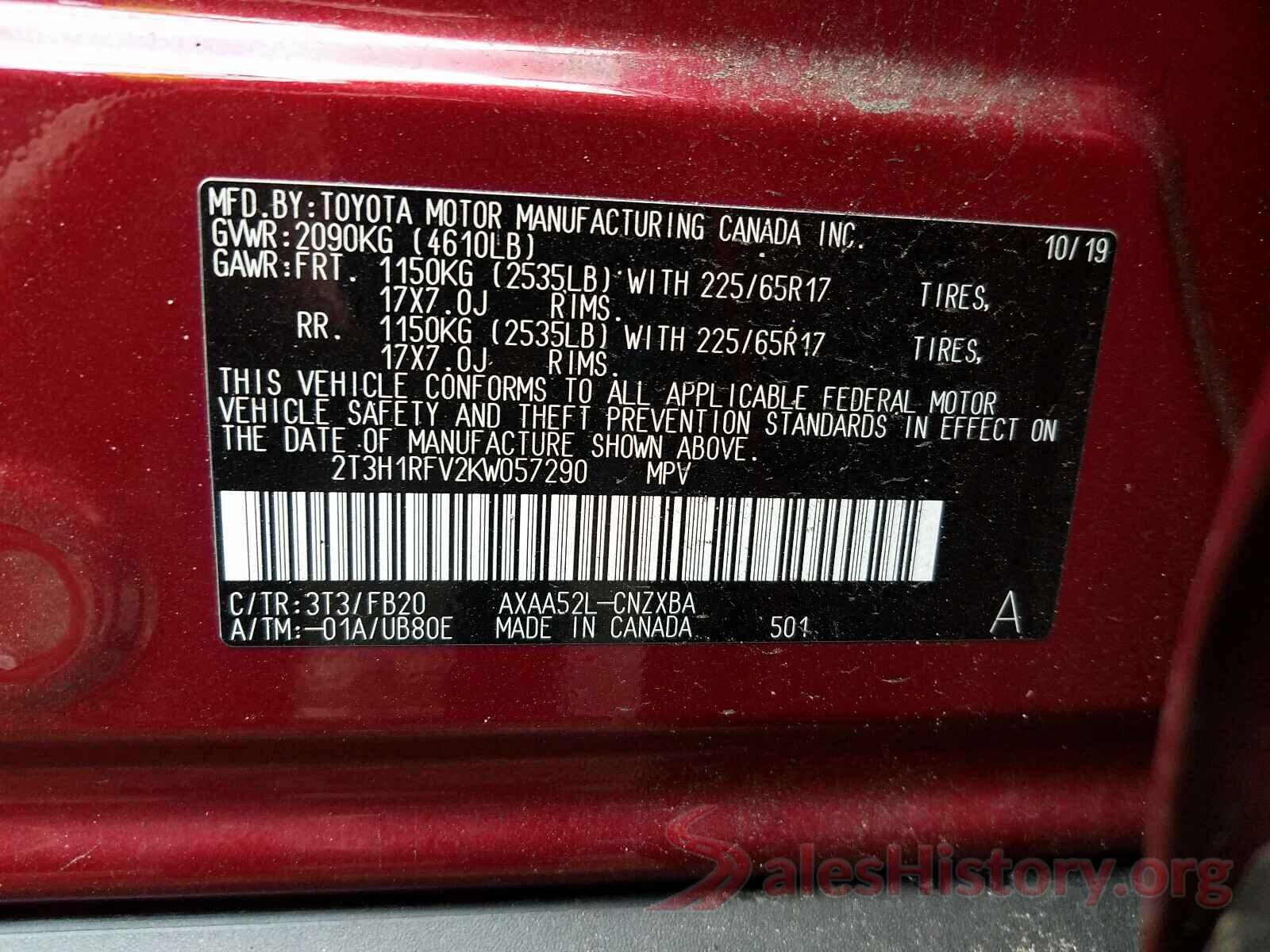 2T3H1RFV2KW057290 2019 TOYOTA RAV4