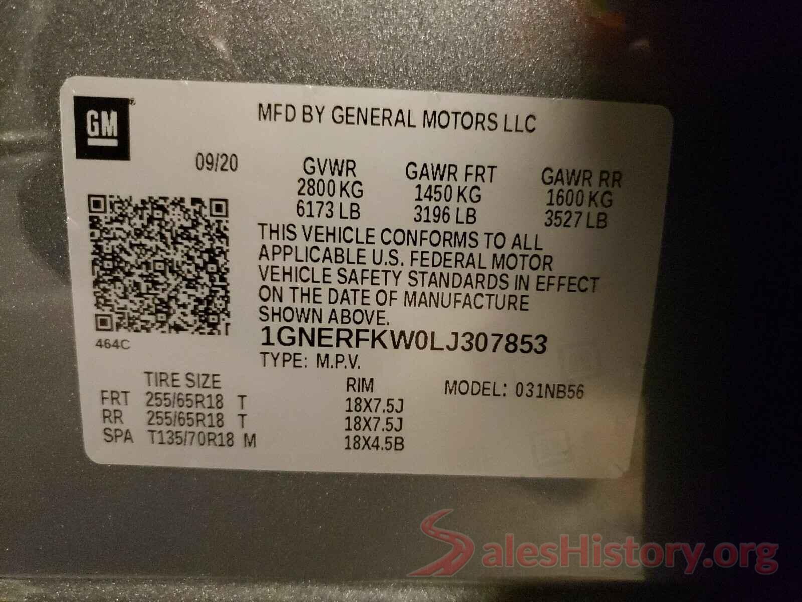 1GNERFKW0LJ307853 2020 CHEVROLET TRAVERSE