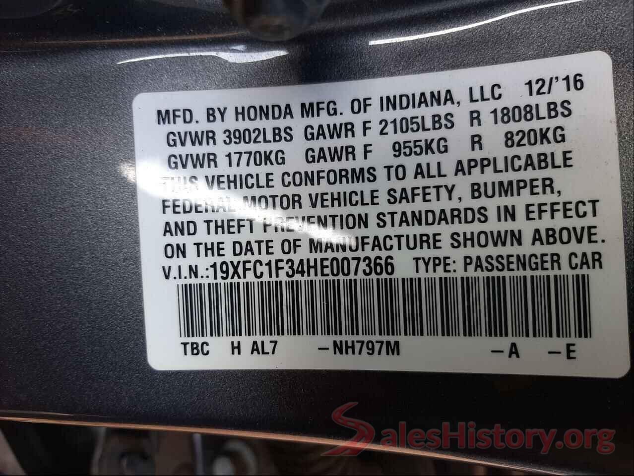 19XFC1F34HE007366 2017 HONDA CIVIC