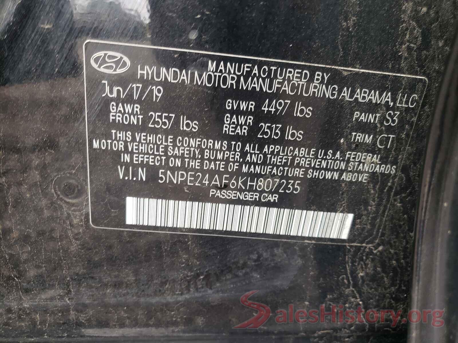 5NPE24AF6KH807235 2019 HYUNDAI SONATA