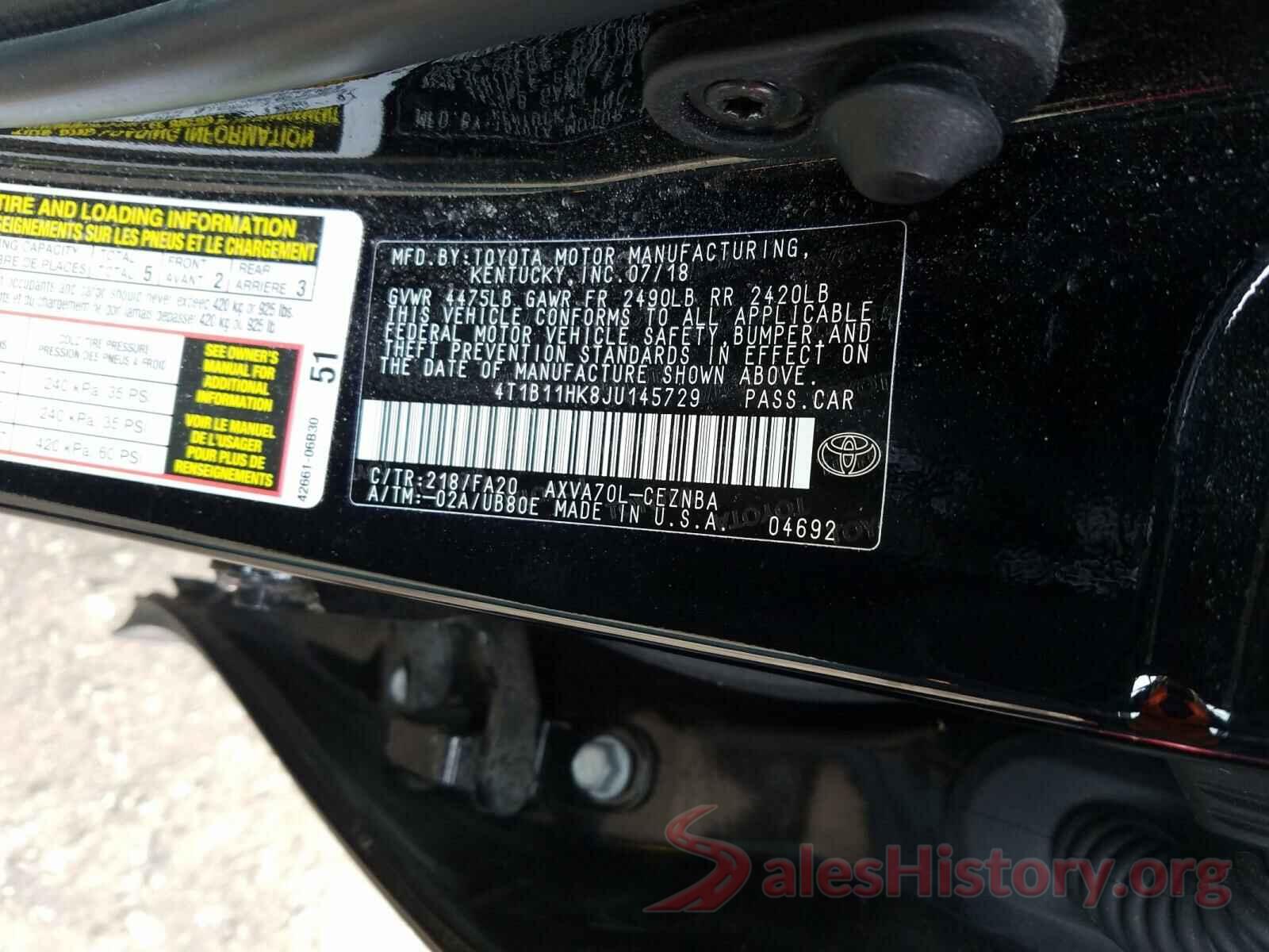 4T1B11HK8JU145729 2018 TOYOTA CAMRY