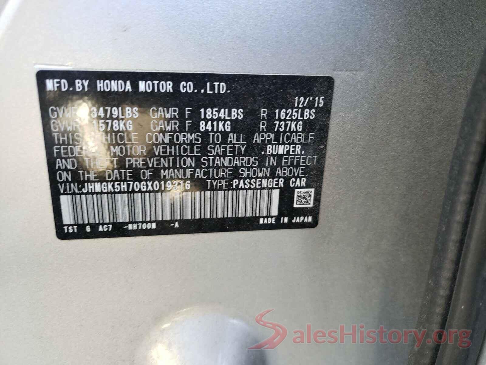 JHMGK5H70GX019316 2016 HONDA FIT