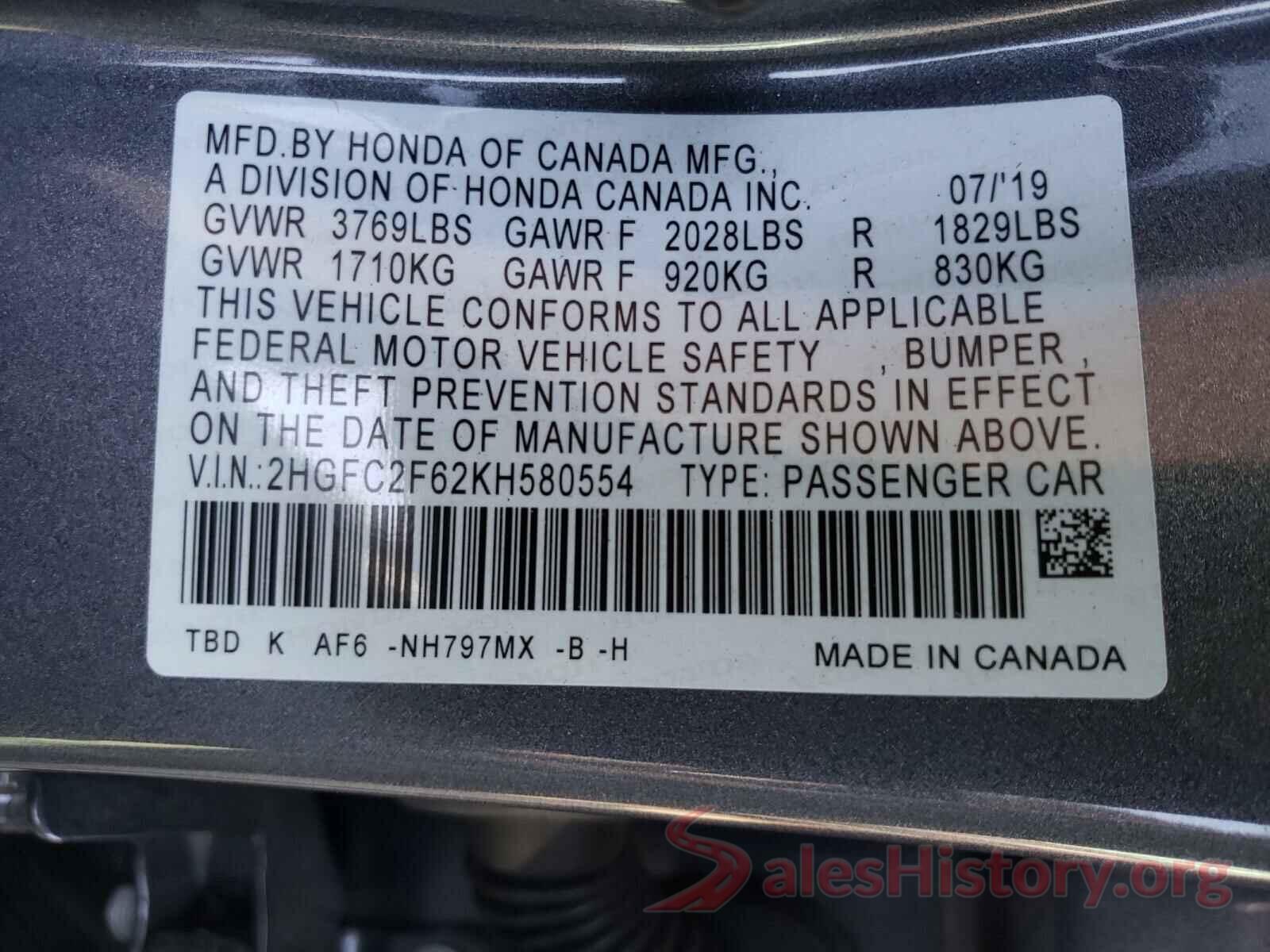 2HGFC2F62KH580554 2019 HONDA CIVIC