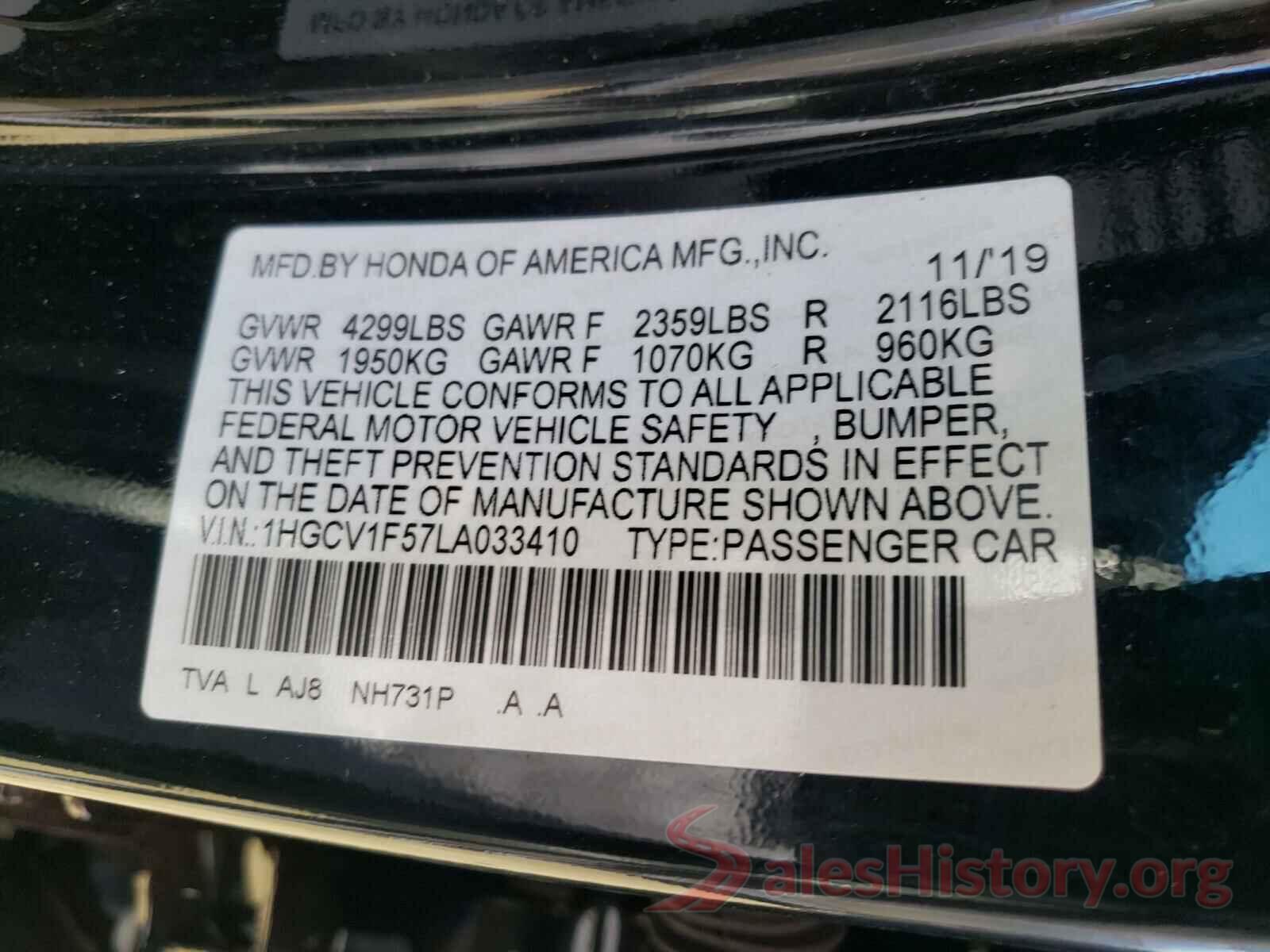 1HGCV1F57LA033410 2020 HONDA ACCORD