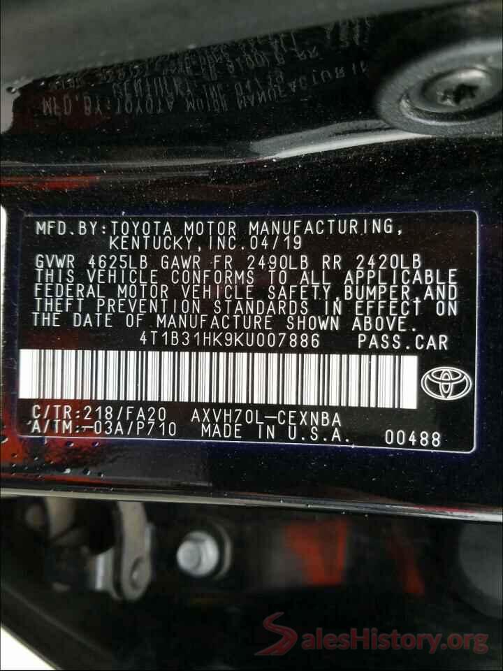 4T1B31HK9KU007886 2019 TOYOTA CAMRY