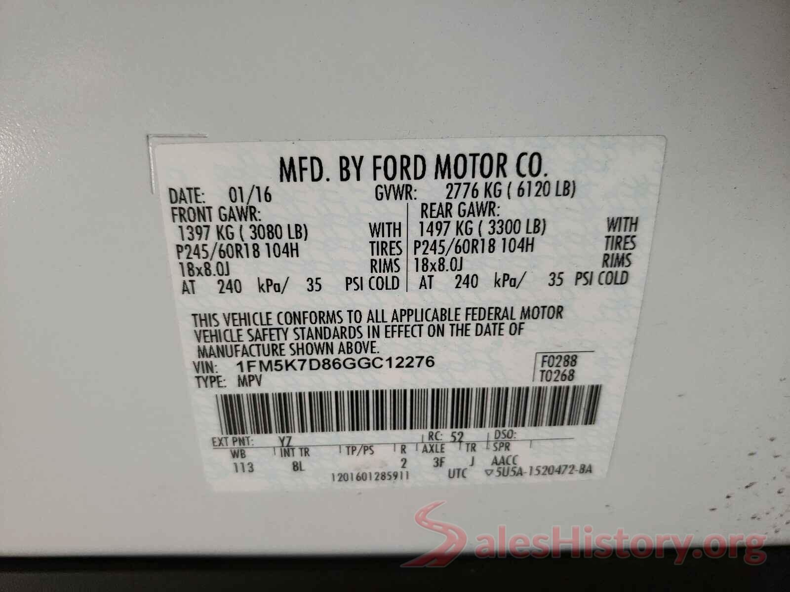 1FM5K7D86GGC12276 2016 FORD EXPLORER