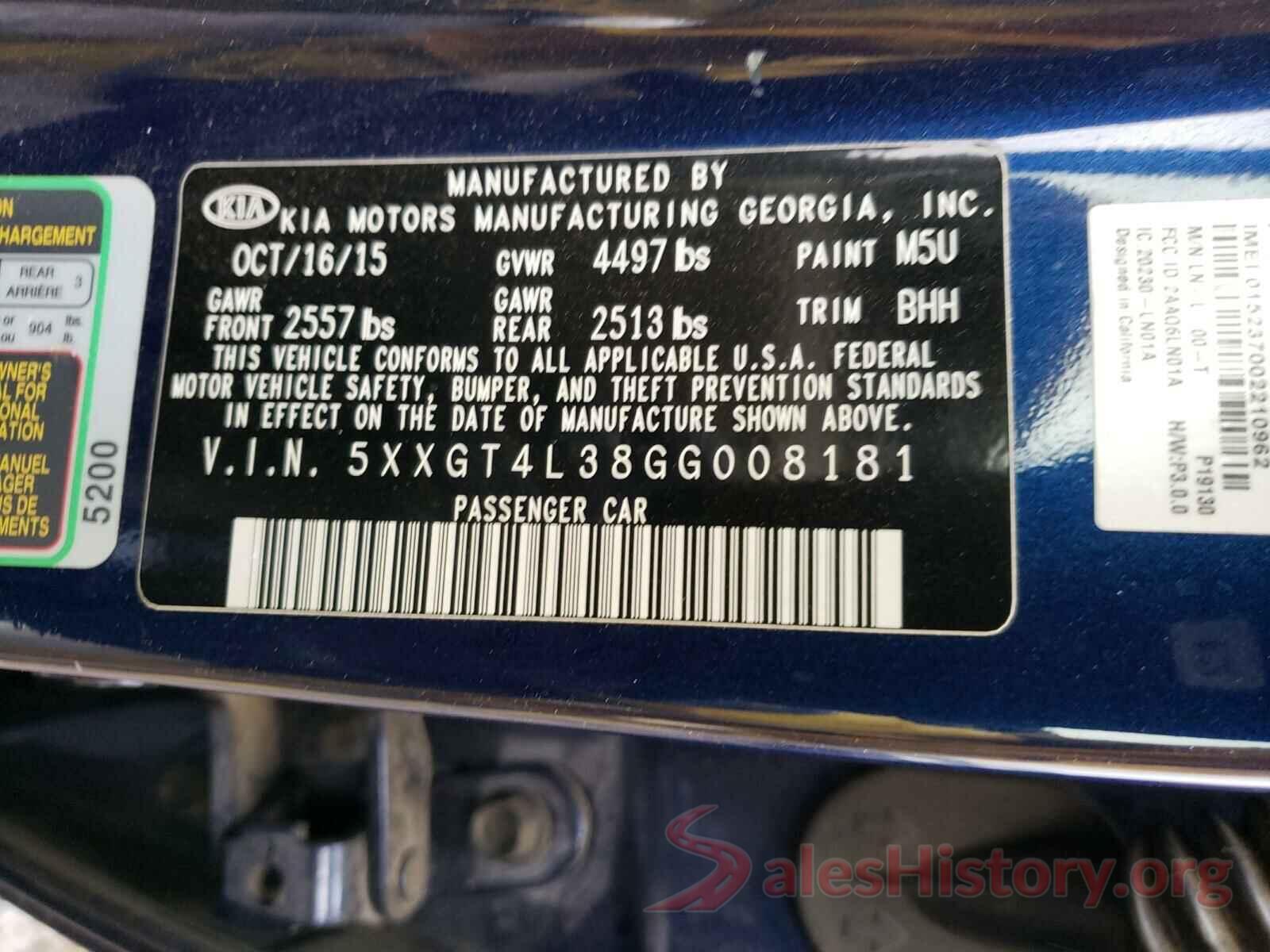 5XXGT4L38GG008181 2016 KIA OPTIMA