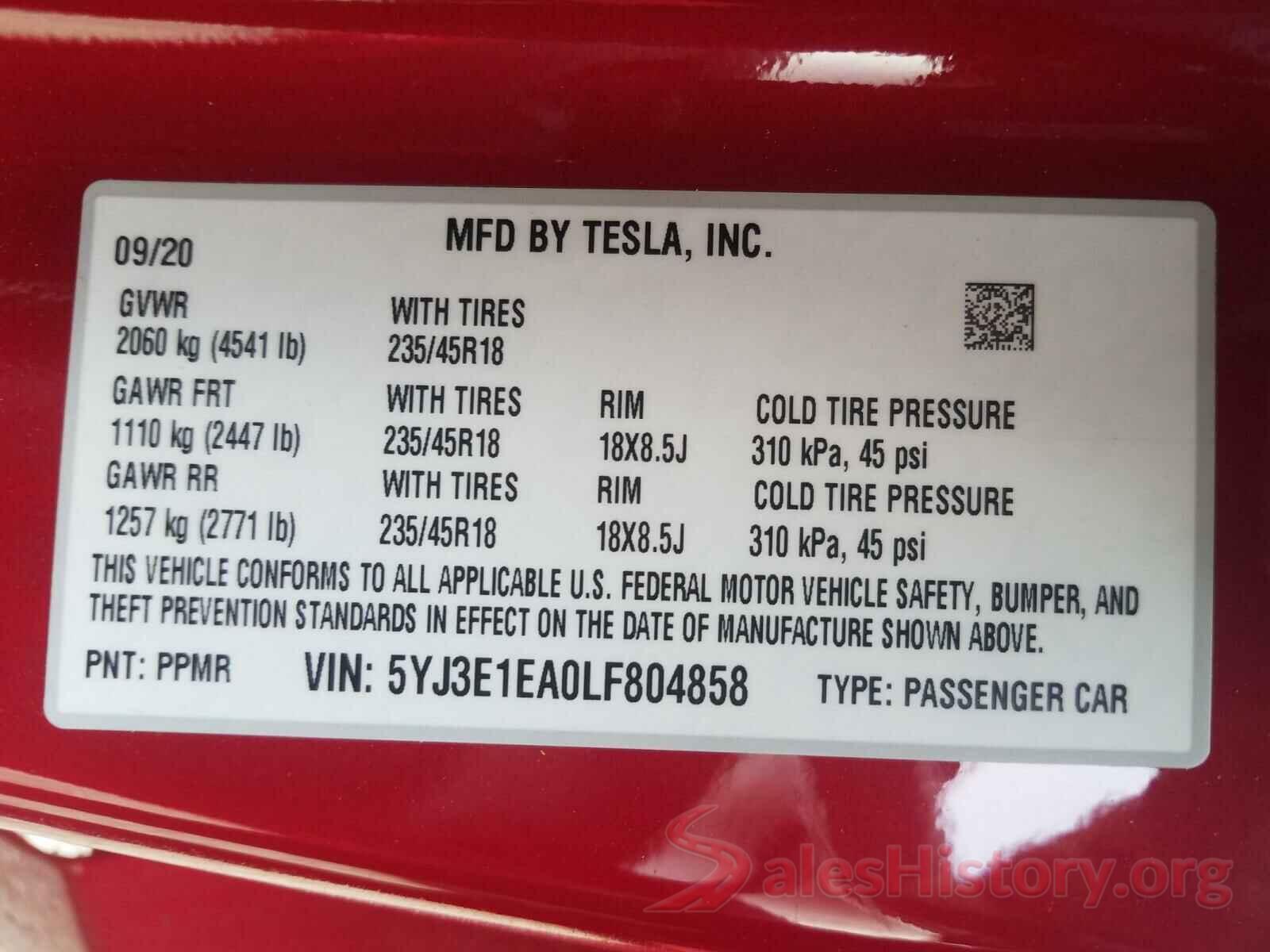 5YJ3E1EA0LF804858 2020 TESLA MODEL 3