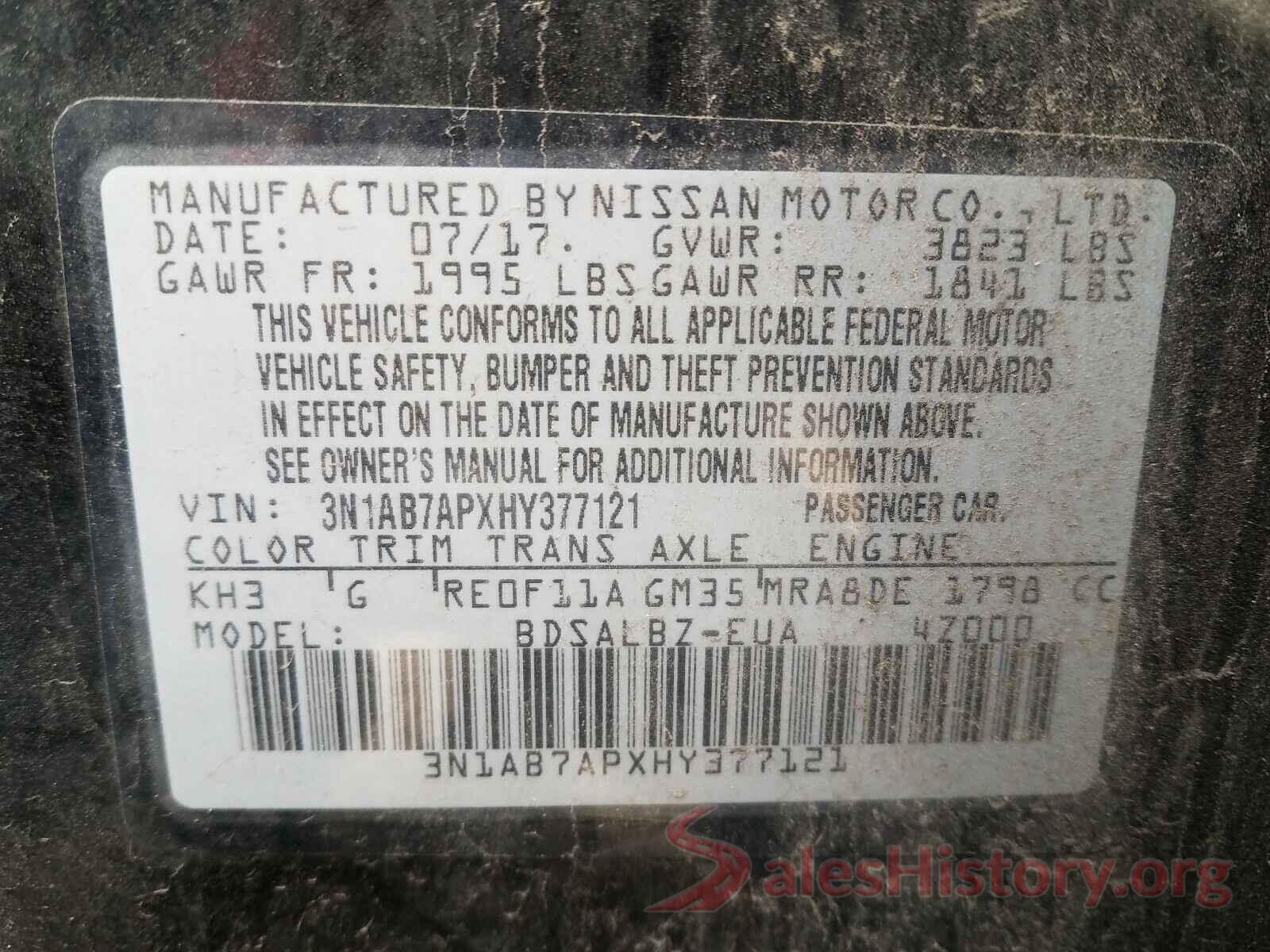 3N1AB7APXHY377121 2017 NISSAN SENTRA