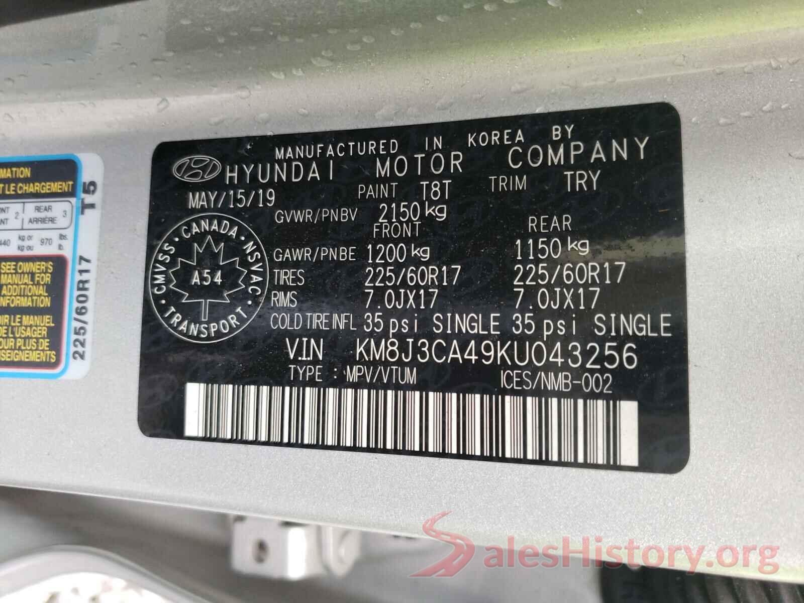 KM8J3CA49KU043256 2019 HYUNDAI TUCSON