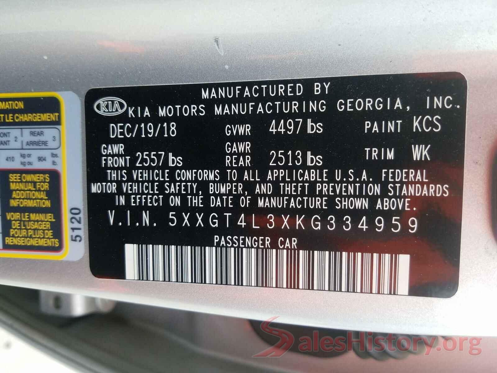 5XXGT4L3XKG334959 2019 KIA OPTIMA