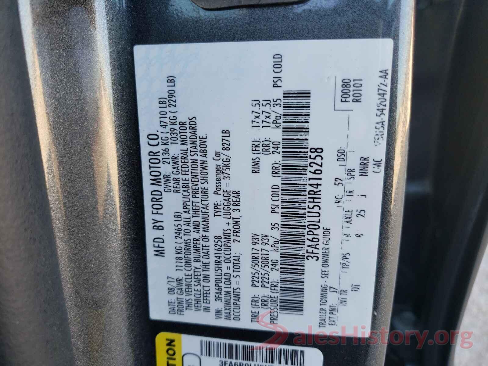 3FA6P0LU5HR416258 2017 FORD FUSION