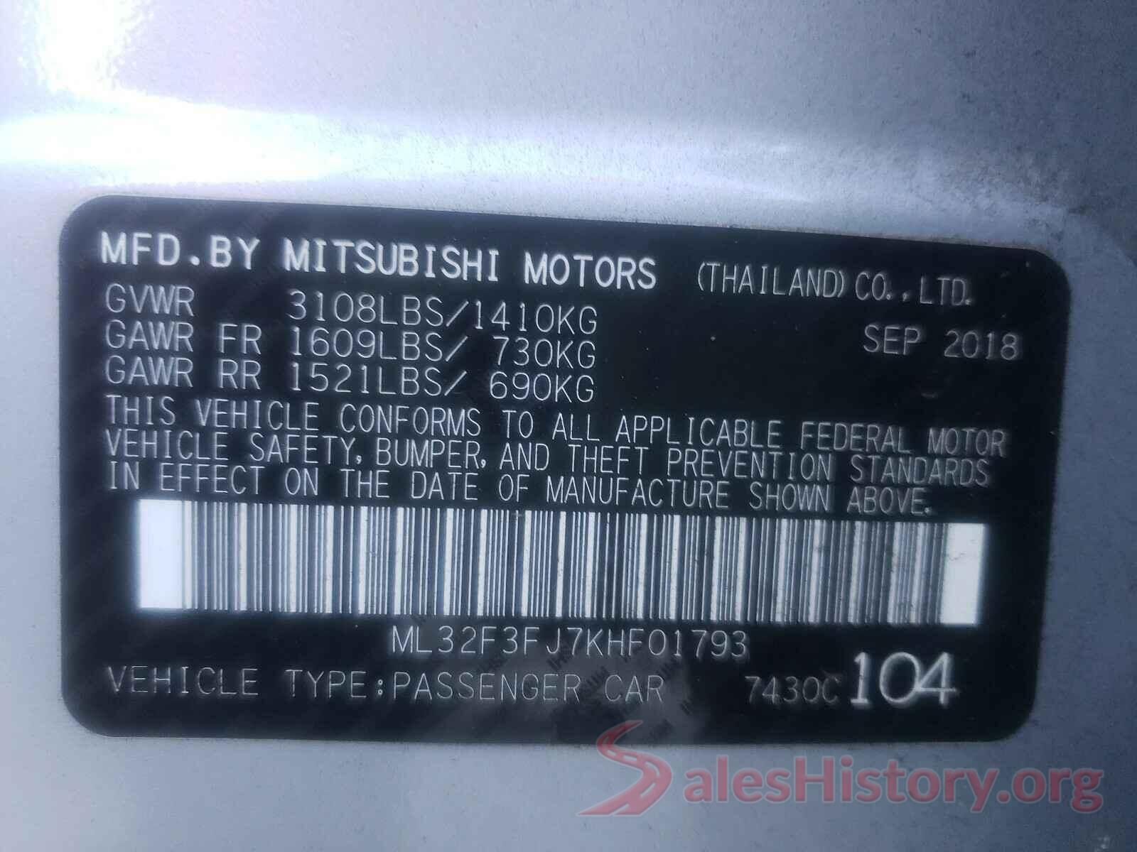 ML32F3FJ7KHF01793 2019 MITSUBISHI MIRAGE