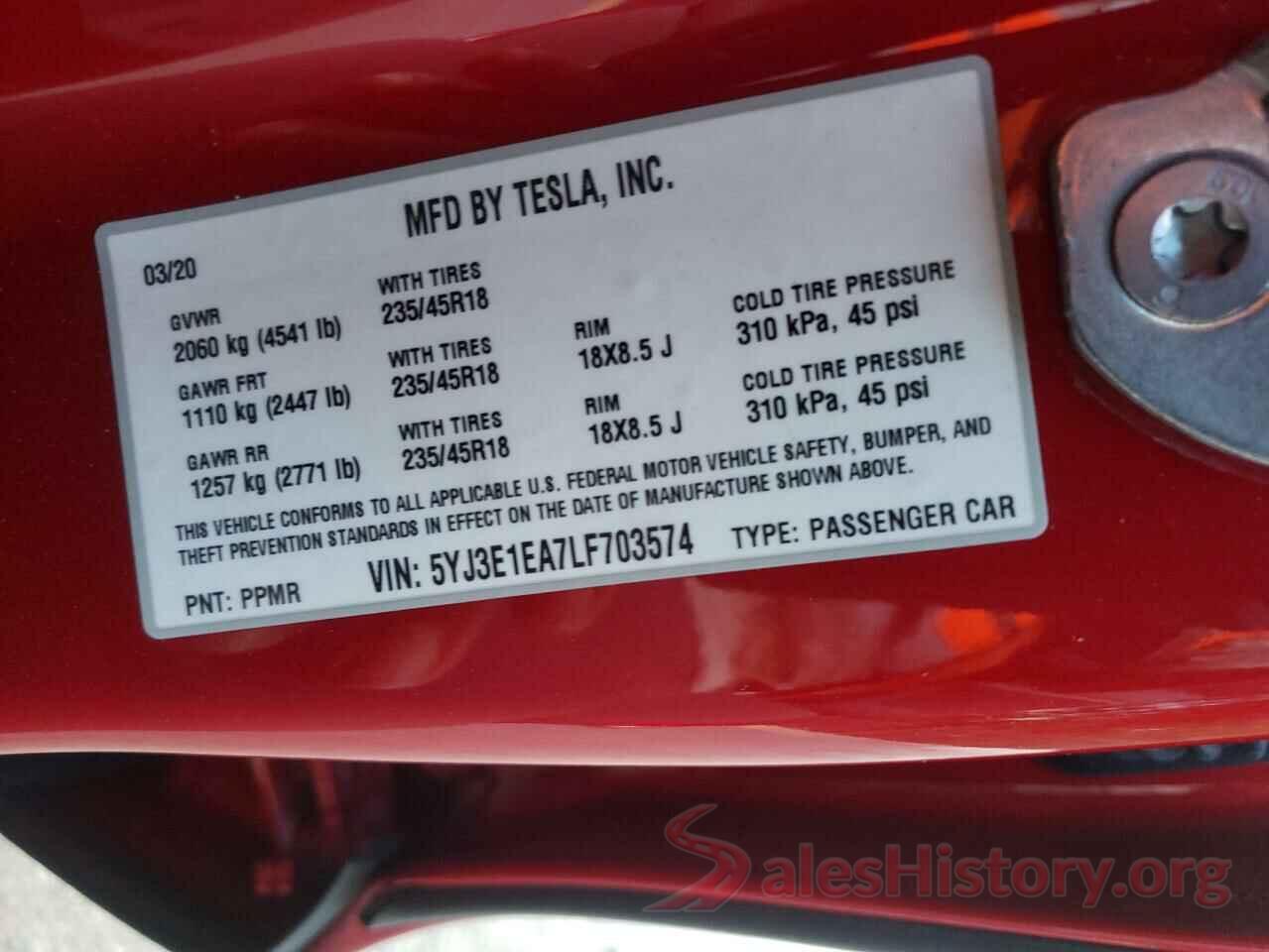 5YJ3E1EA7LF703574 2020 TESLA MODEL 3