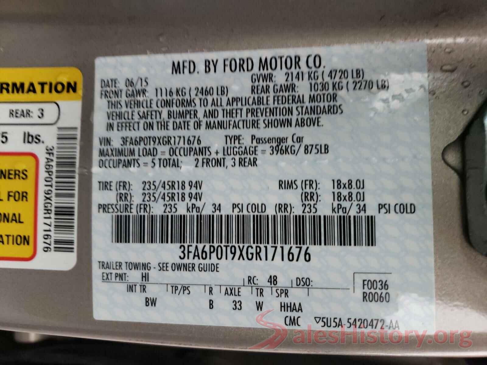 3FA6P0T9XGR171676 2016 FORD FUSION