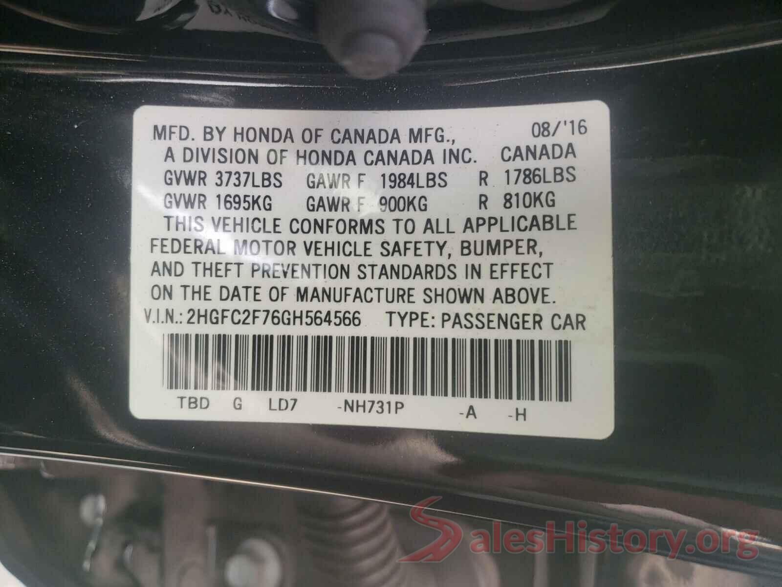 2HGFC2F76GH564566 2016 HONDA CIVIC