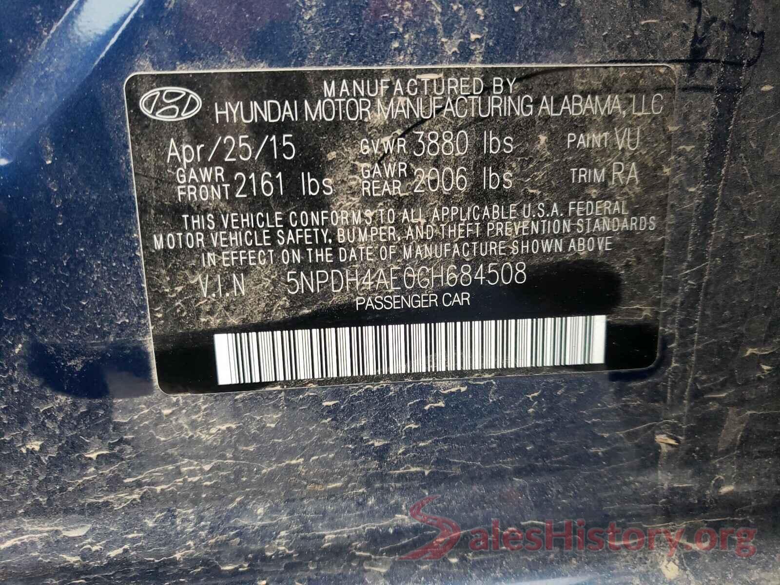 5NPDH4AE0GH684508 2016 HYUNDAI ELANTRA