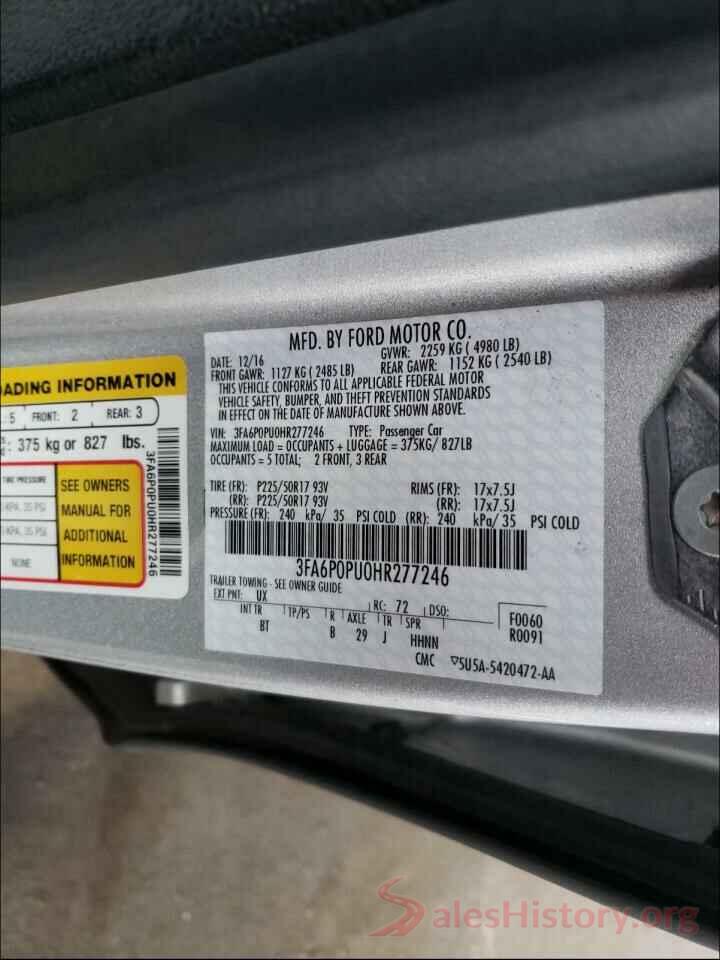 3FA6P0PU0HR277246 2017 FORD FUSION