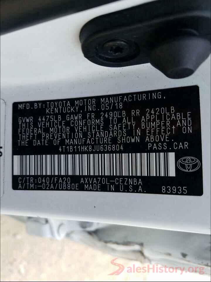 4T1B11HK8JU636804 2018 TOYOTA CAMRY