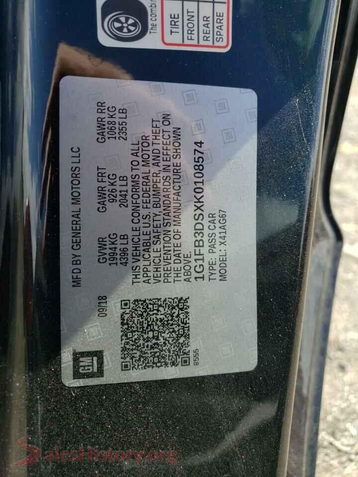 2019 CHEVROLET CAMARO VIN 1G1FB3DSXK0108574, odometer mileage