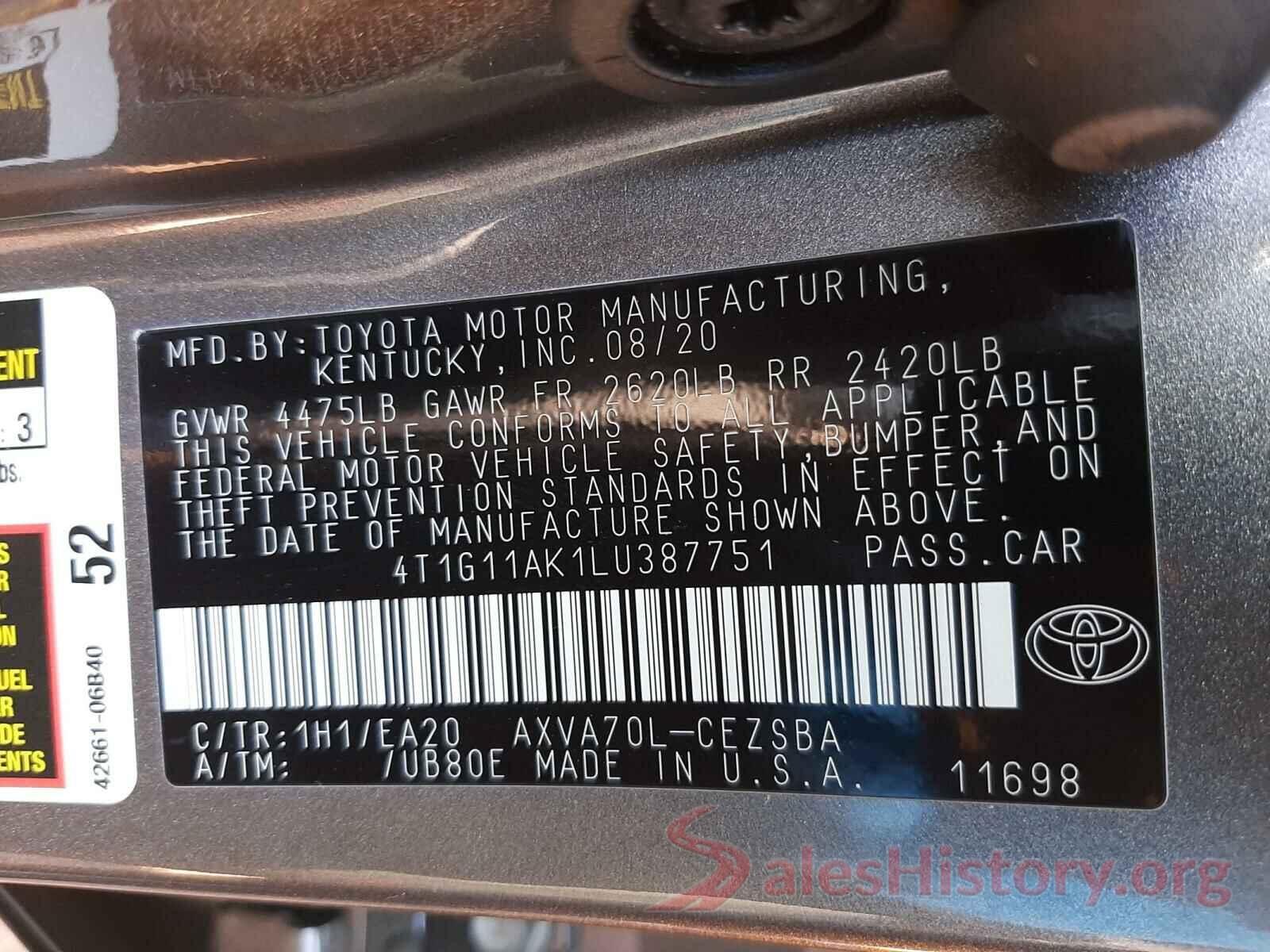 4T1G11AK1LU387751 2020 TOYOTA CAMRY