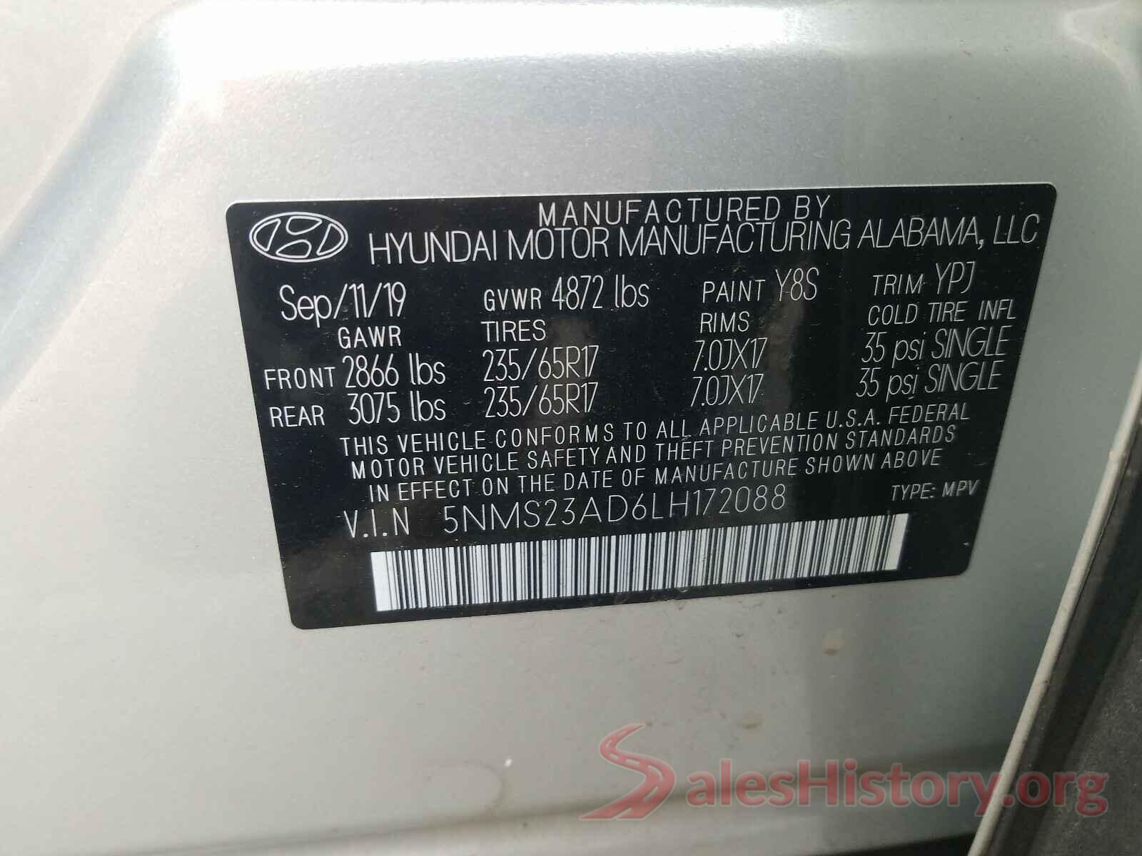 5NMS23AD6LH172088 2020 HYUNDAI SANTA FE