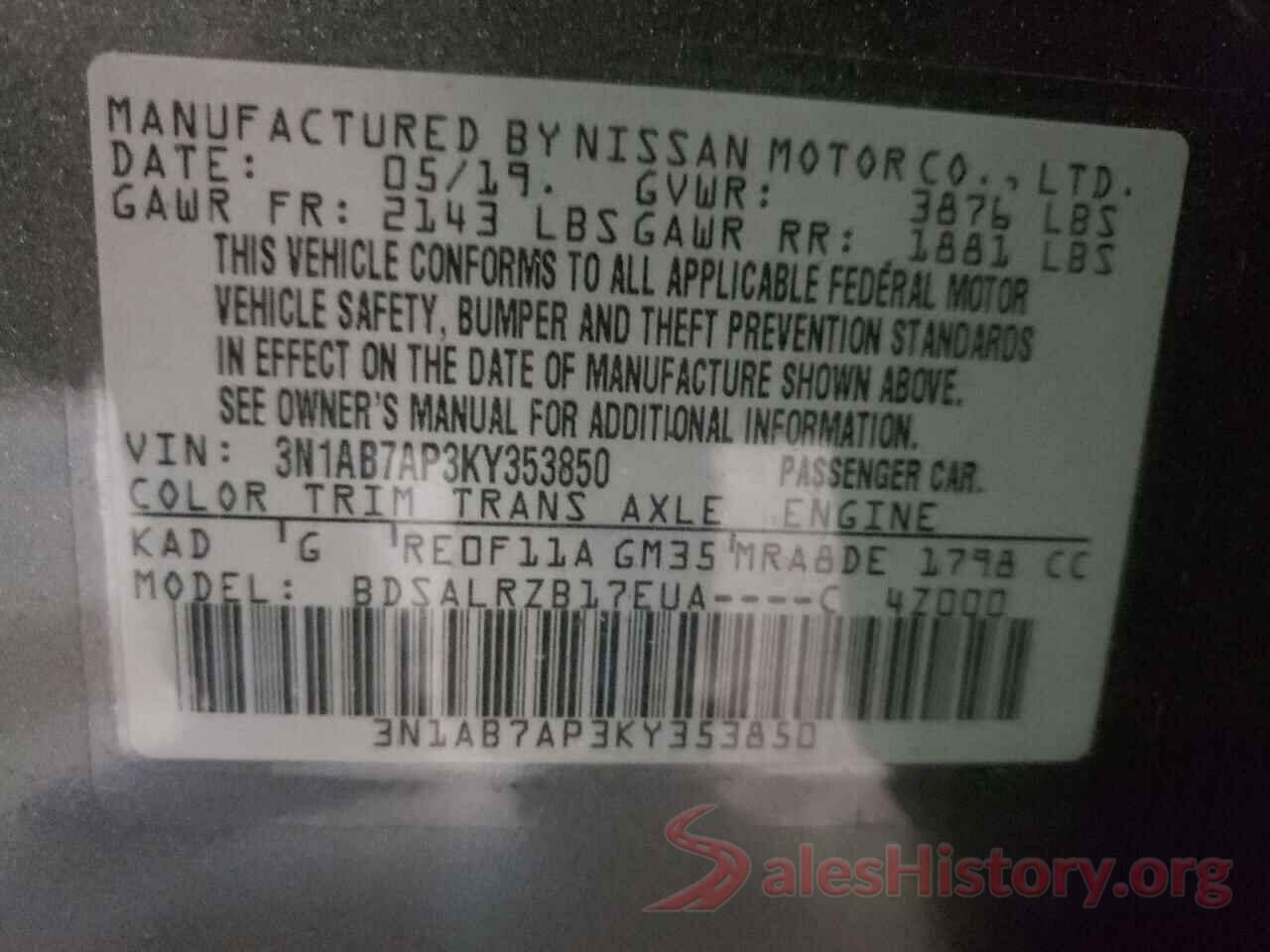 3N1AB7AP3KY353850 2019 NISSAN SENTRA