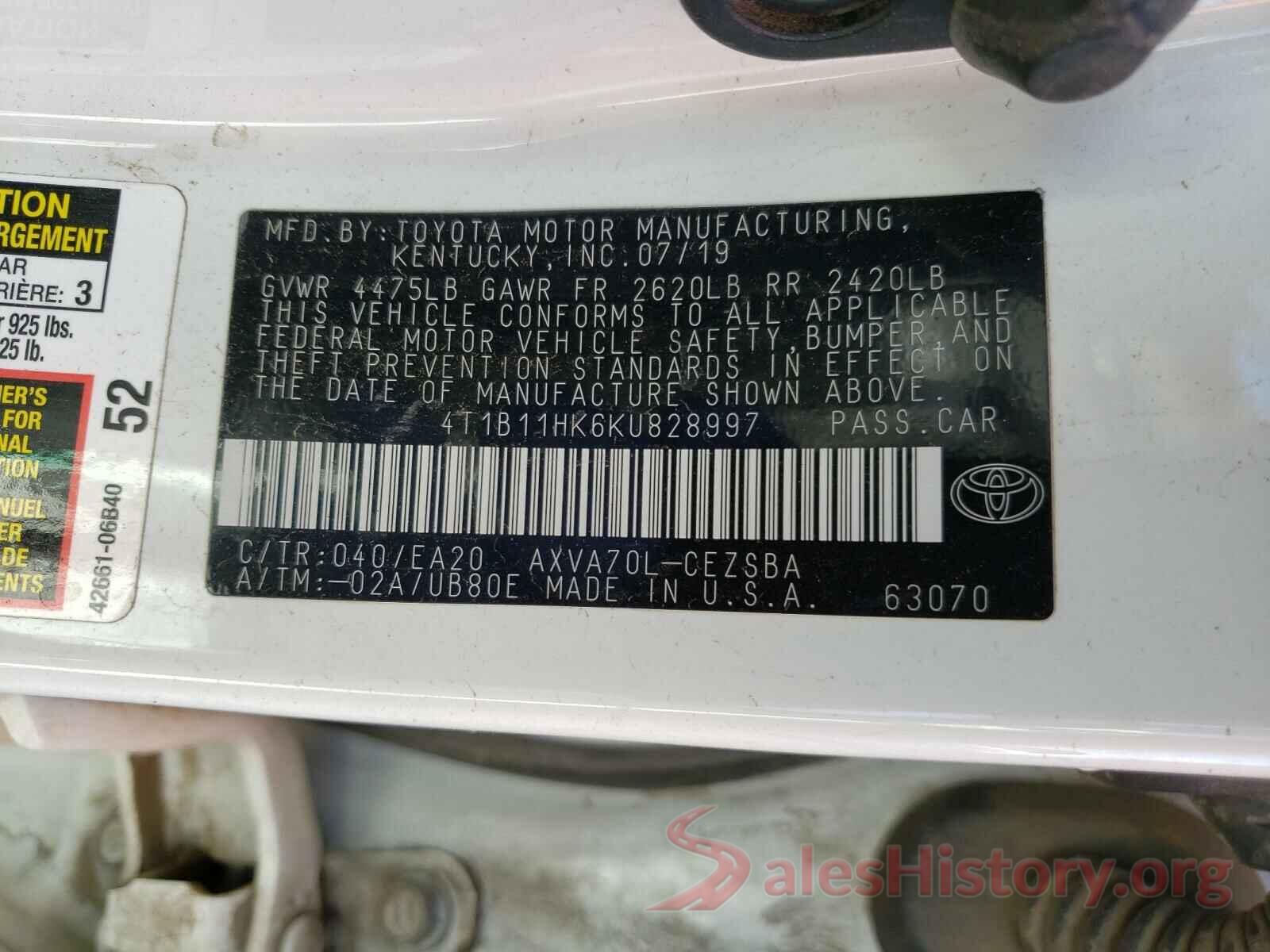 4T1B11HK6KU828997 2019 TOYOTA CAMRY