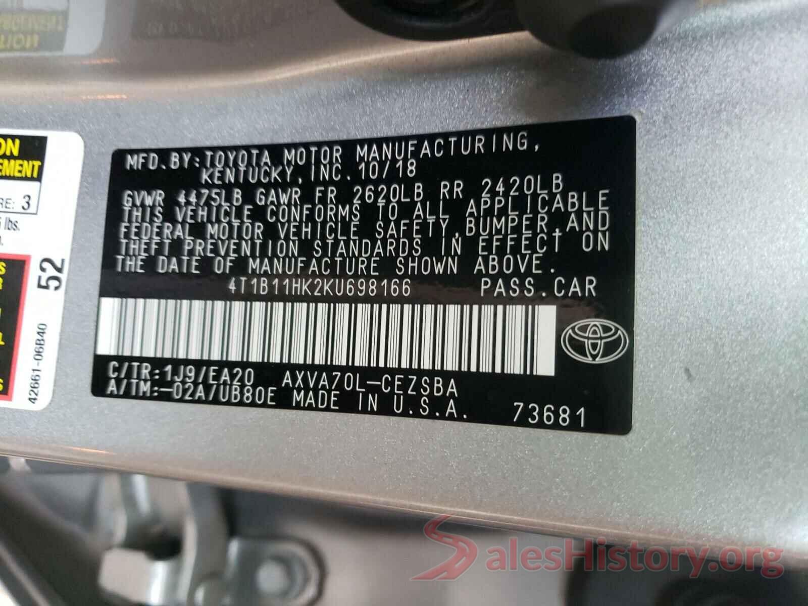 4T1B11HK2KU698166 2019 TOYOTA CAMRY