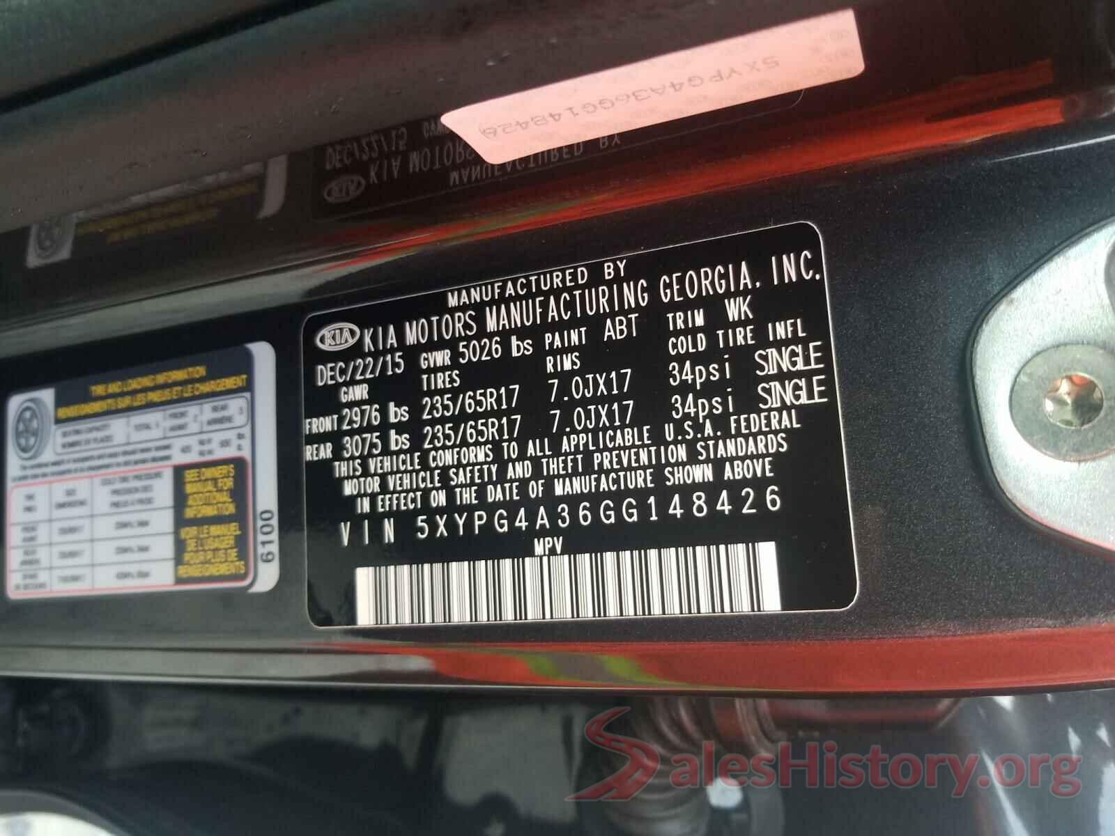 5XYPG4A36GG148426 2016 KIA SORENTO