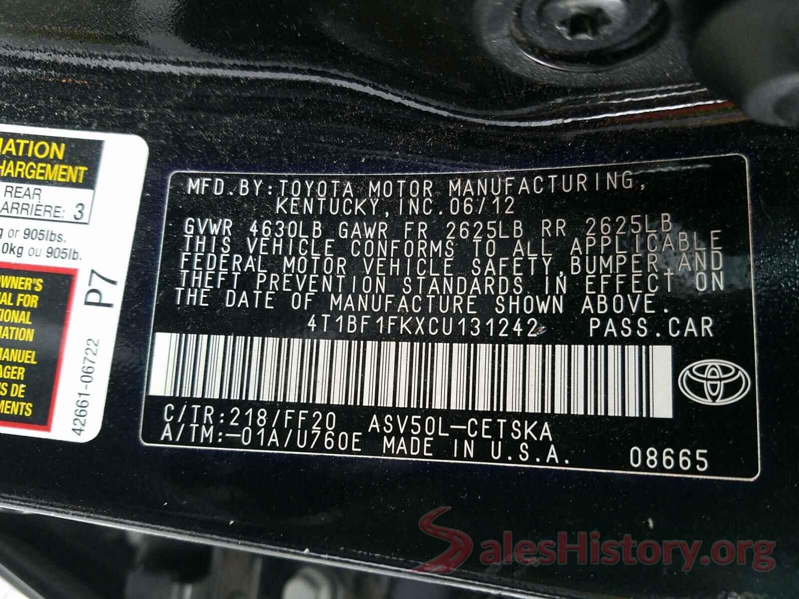 4T1BF1FKXCU131242 2012 TOYOTA CAMRY