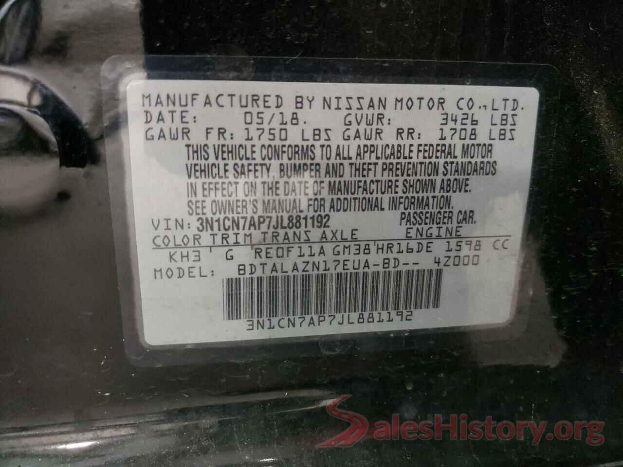 3N1CN7AP7JL881192 2018 NISSAN VERSA