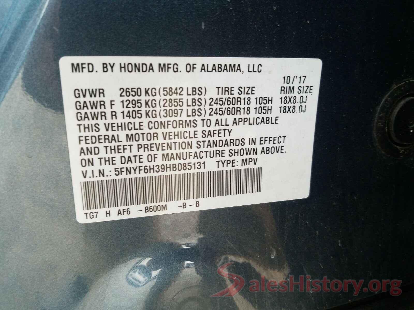 5FNYF6H39HB085131 2017 HONDA PILOT