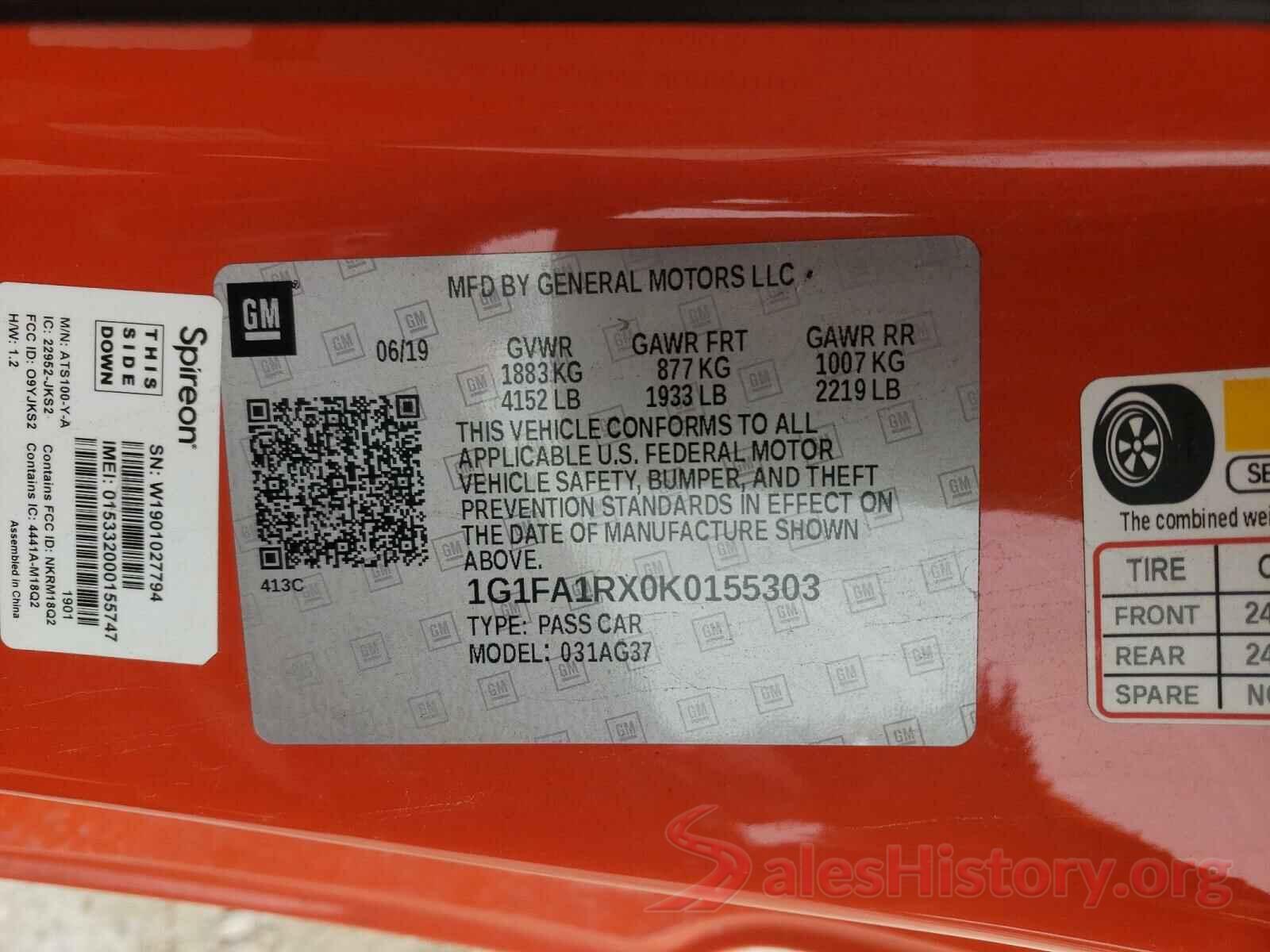 1G1FA1RX0K0155303 2019 CHEVROLET CAMARO