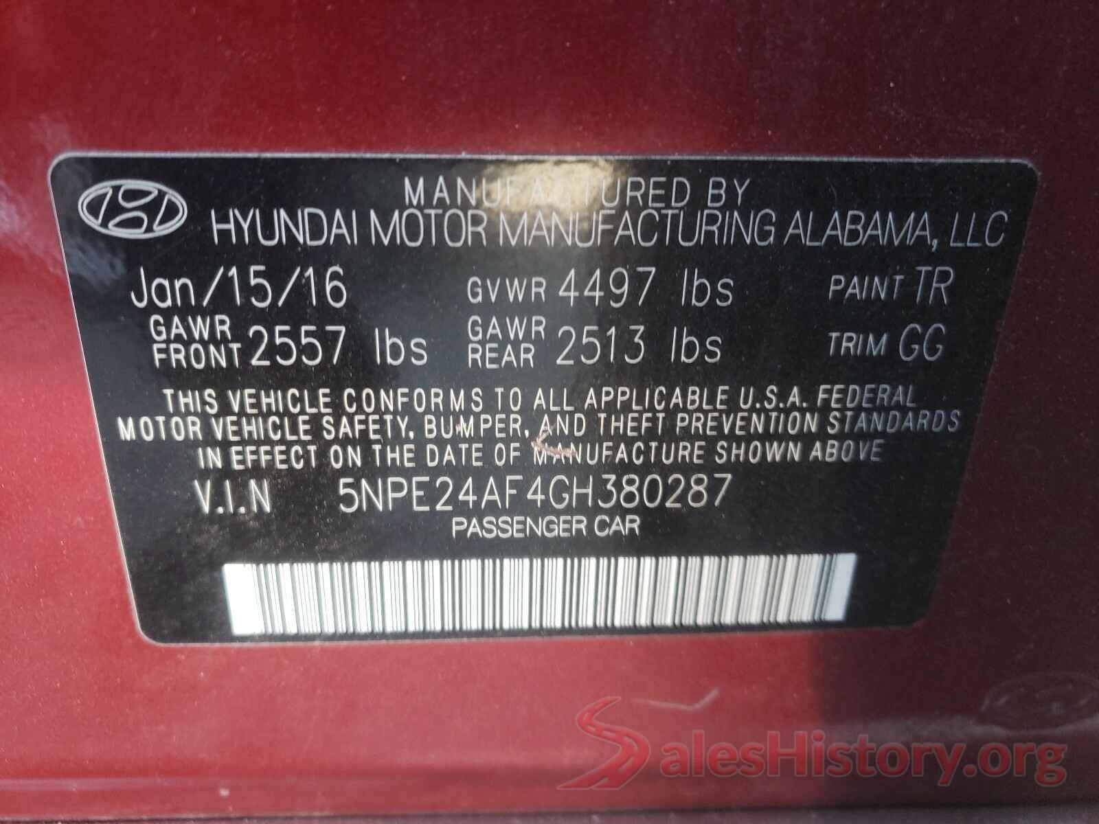 5NPE24AF4GH380287 2016 HYUNDAI SONATA