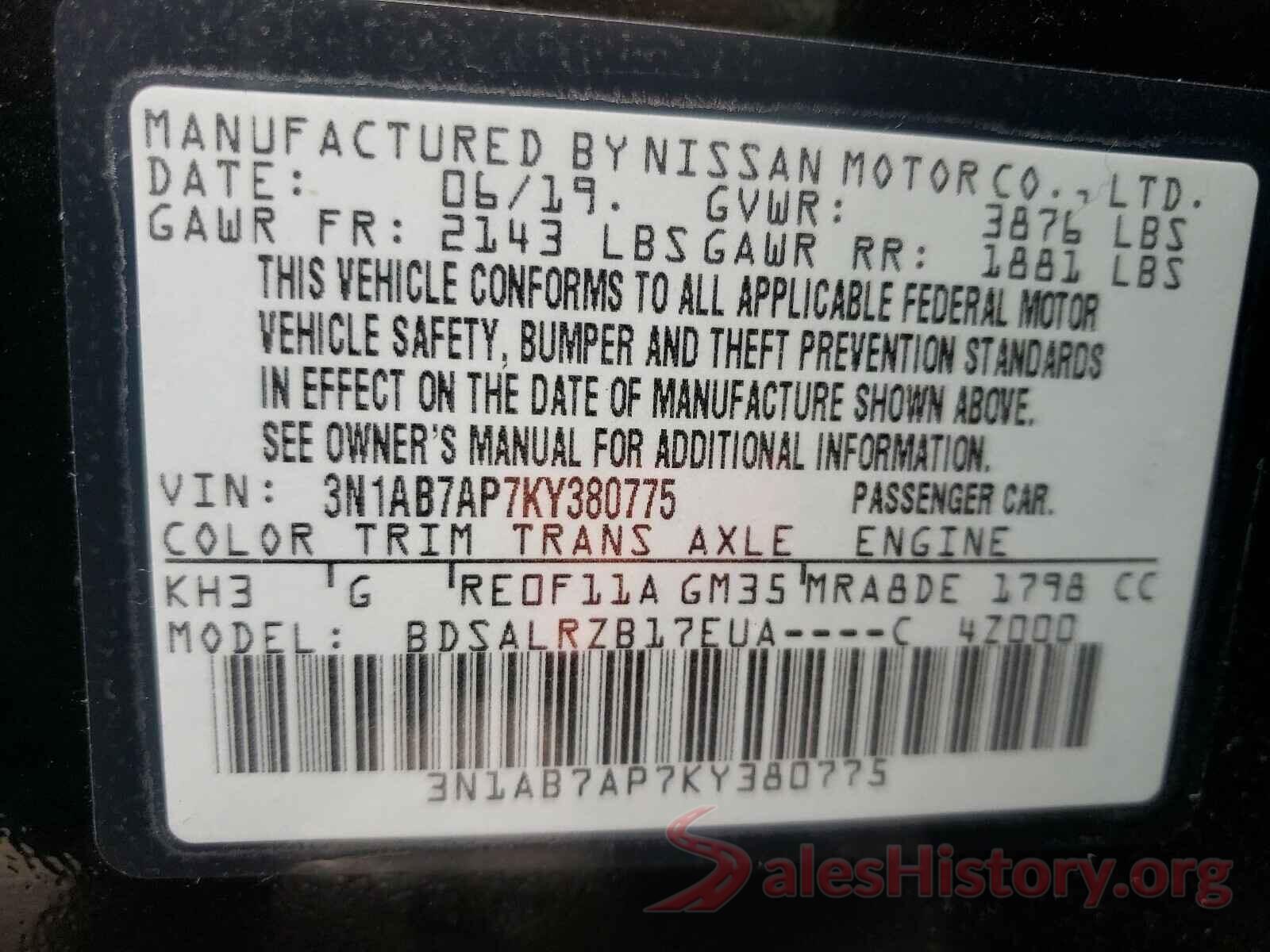 3N1AB7AP7KY380775 2019 NISSAN SENTRA