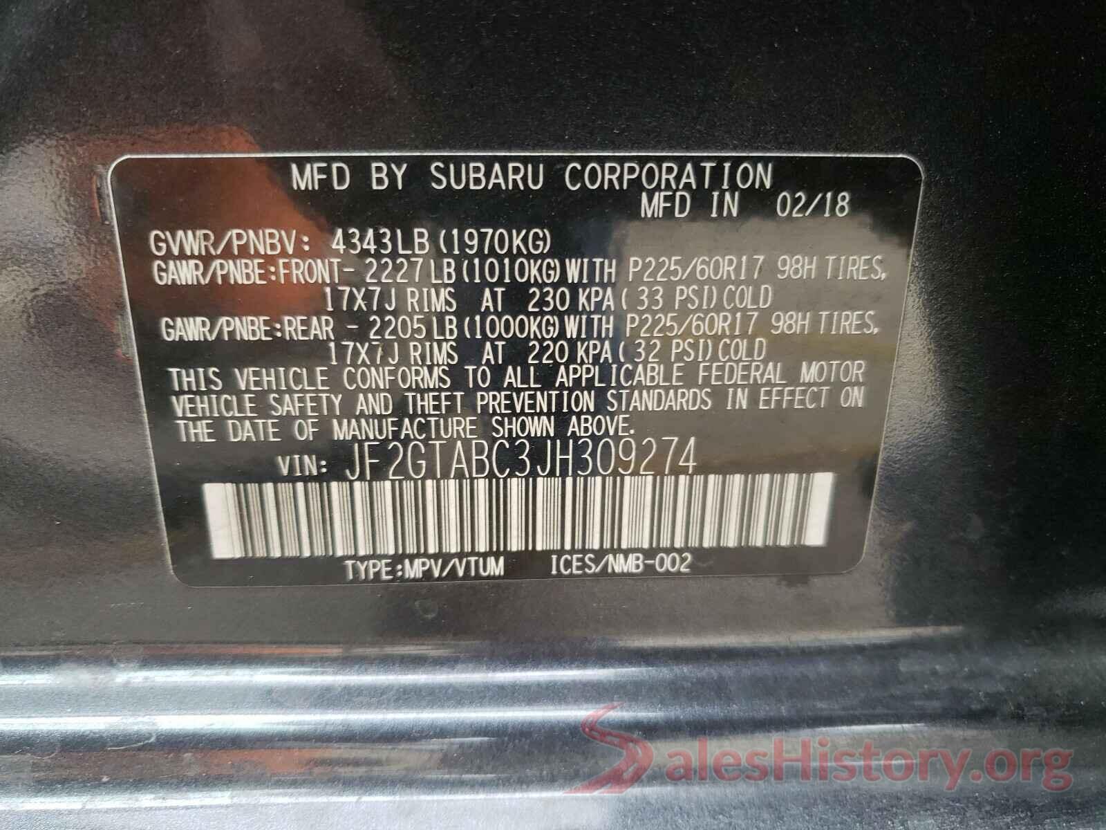 JF2GTABC3JH309274 2018 SUBARU CROSSTREK