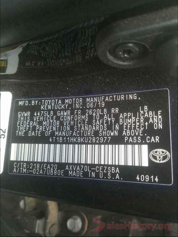 4T1B11HK8KU282977 2019 TOYOTA CAMRY