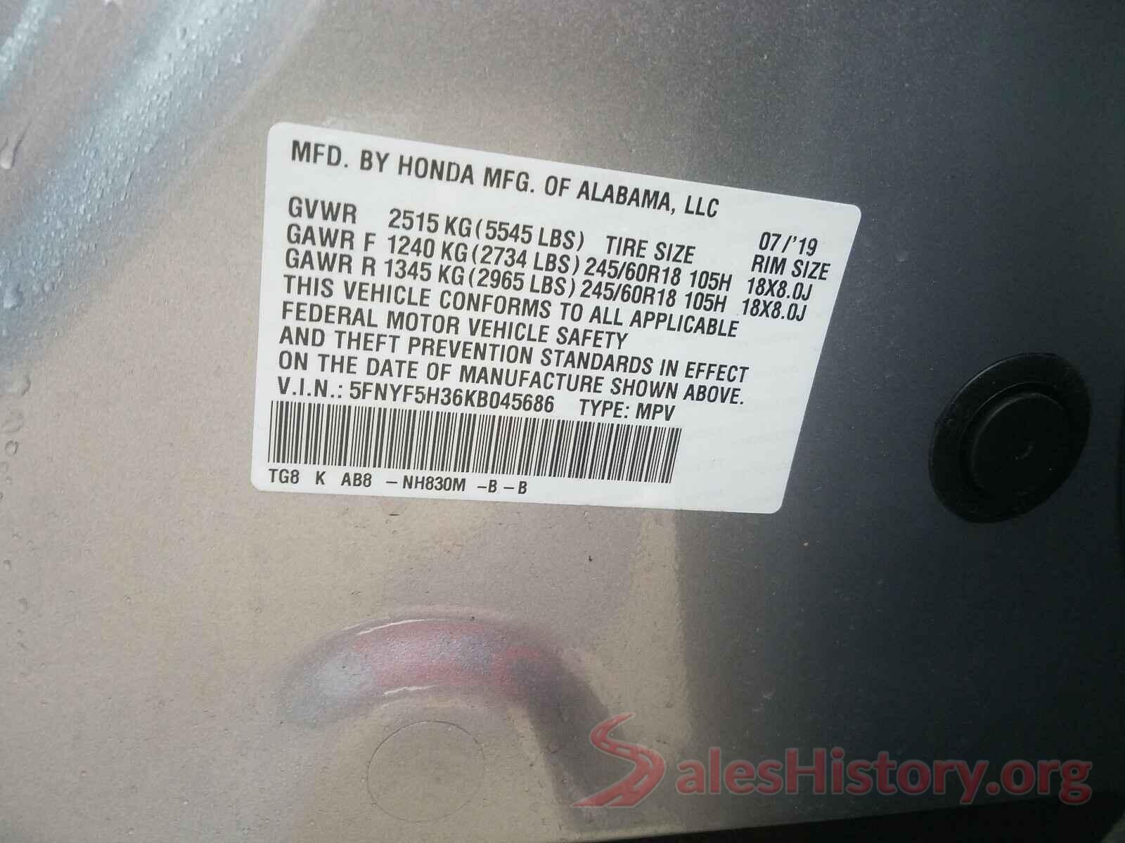 5FNYF5H36KB045686 2019 HONDA PILOT