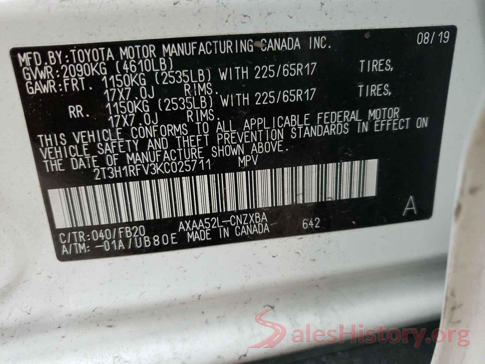 2T3H1RFV3KC025711 2019 TOYOTA RAV4