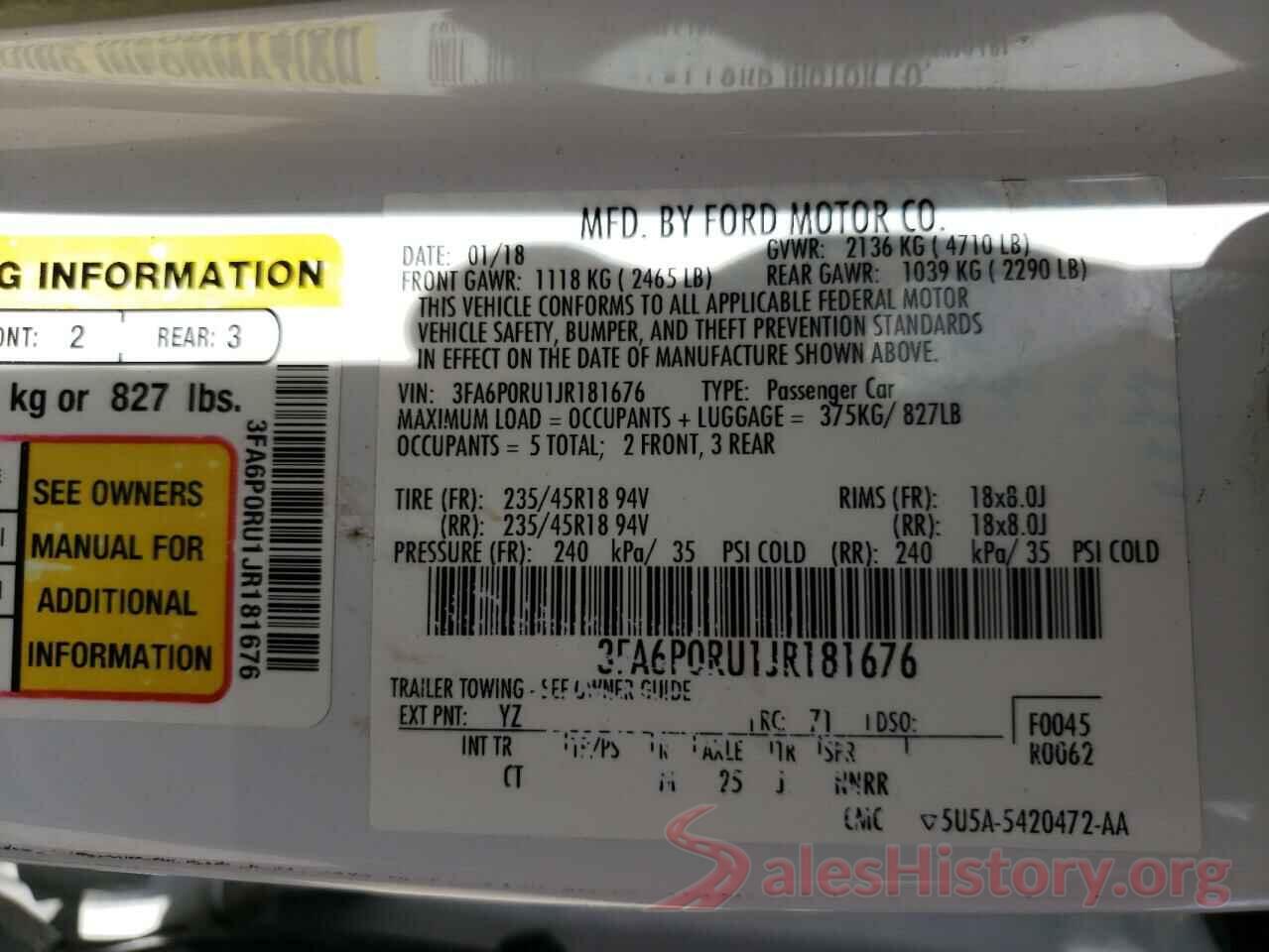 3FA6P0RU1JR181676 2018 FORD FUSION