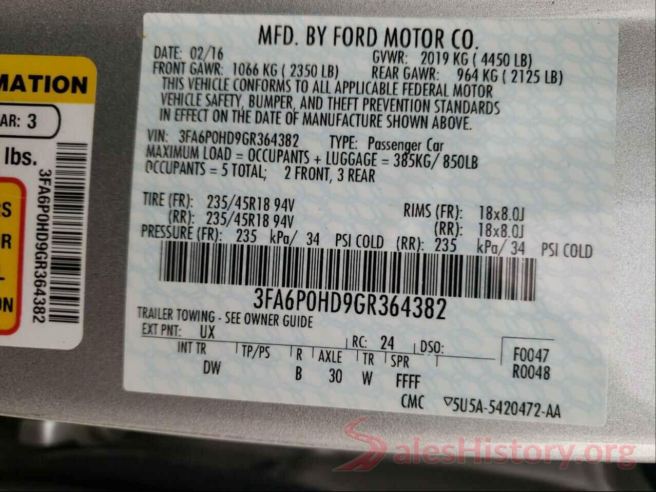 3FA6P0HD9GR364382 2016 FORD FUSION