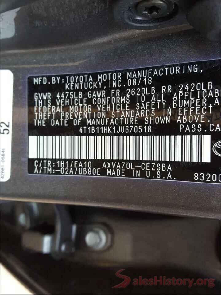 4T1B11HK1JU670518 2018 TOYOTA CAMRY