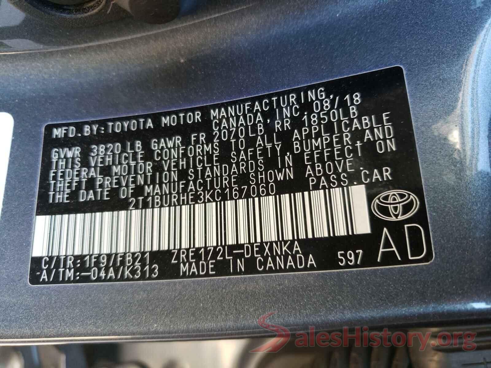 2T1BURHE3KC167060 2019 TOYOTA COROLLA